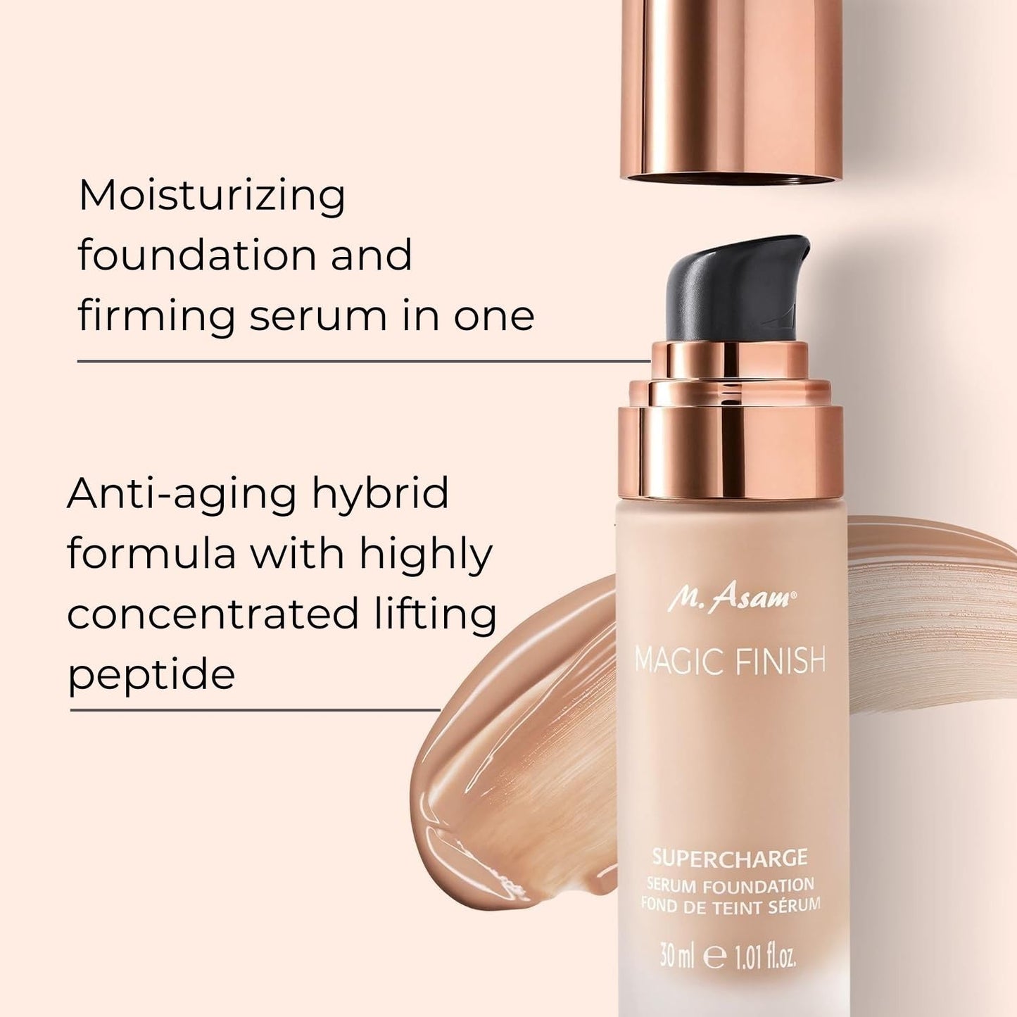 M. Asam MAGIC FINISH Supercharge Serum Foundation Warm Sand (1.01 Fl Oz) - Moisturizing Make Up & Firming Face Serum In One, Anti-aging CC Cream With Optimal Coverage & Hyaluronic Acid