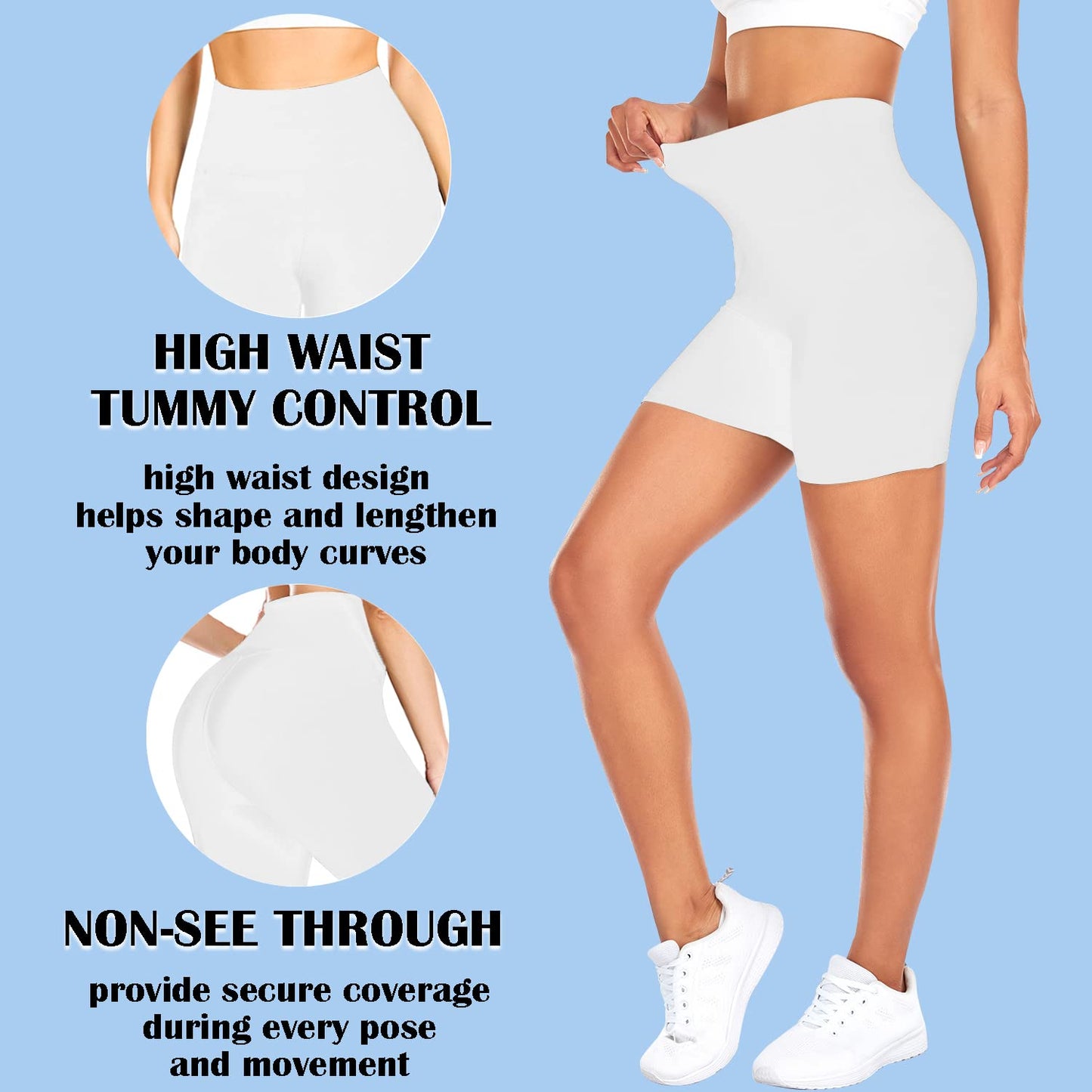 FULLSOFT High Waisted Biker Shorts for Women-5" Tummy Control Fitness Athletic Workout Running Yoga Gym Soft Shorts (White,Small-Medium)