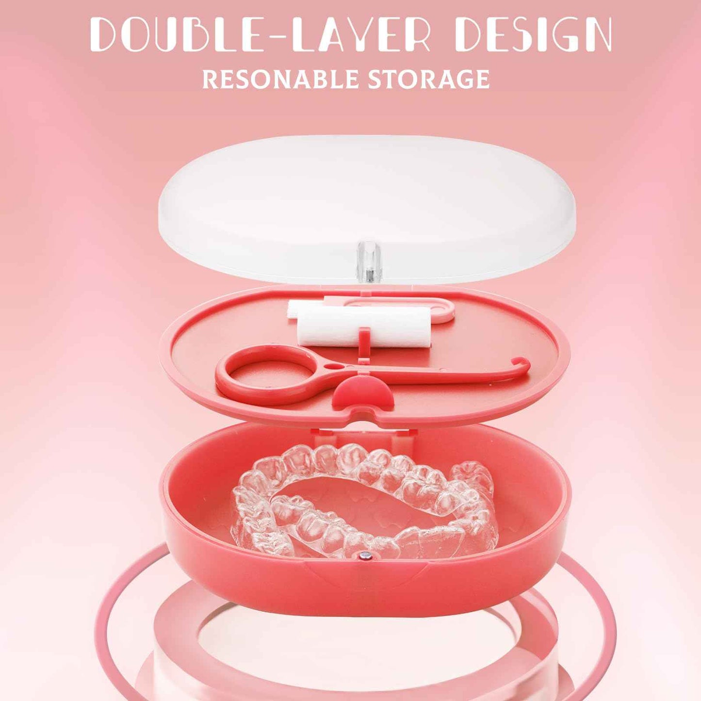 LONGMON Double Layer Retainer Case Portable Aligner Case for Orthodontics Build In Mirror With Removal Tool,Chewies&Cleaning Brush Kit