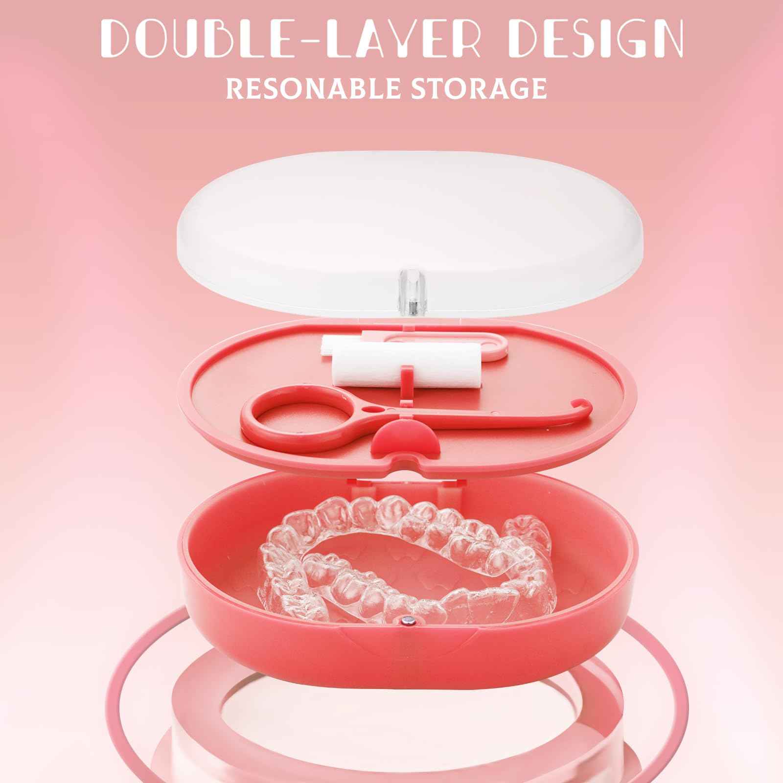 LONGMON Double Layer Retainer Case Portable Aligner Case for Orthodontics Build In Mirror With Removal Tool,Chewies&Cleaning Brush Kit