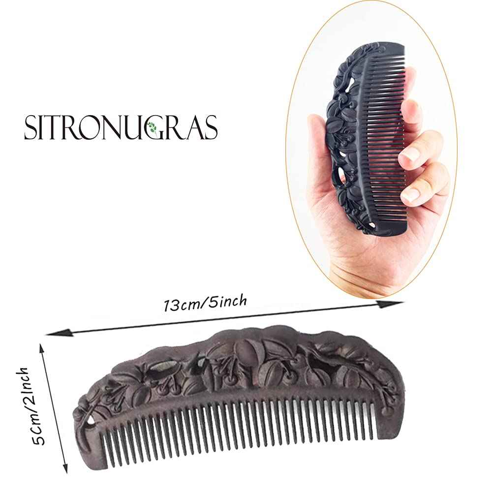Sitronugras Black Sandalwood Natural Hair Comb, Ebony Carved Fine Tooth Wooden Comb- Anti-Static No Snag Handmade Hair Wood Comb for Women Men - with gift box