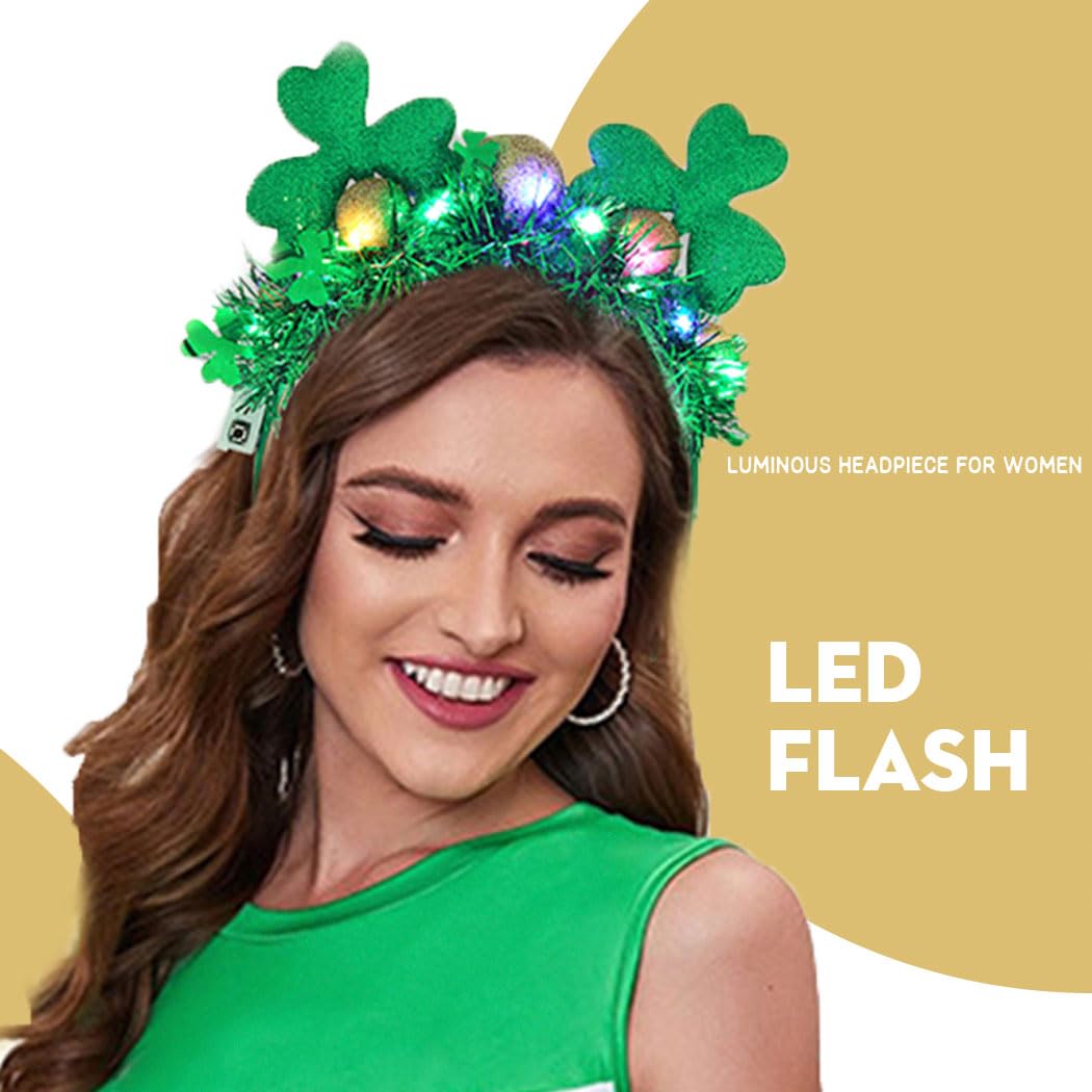 Aceorna Light Up St Patricks Day Headbands Led Green Mouse Ear Hairbands Clover Bow Hair Hoop Foil Irish Headpiece for Women (C)