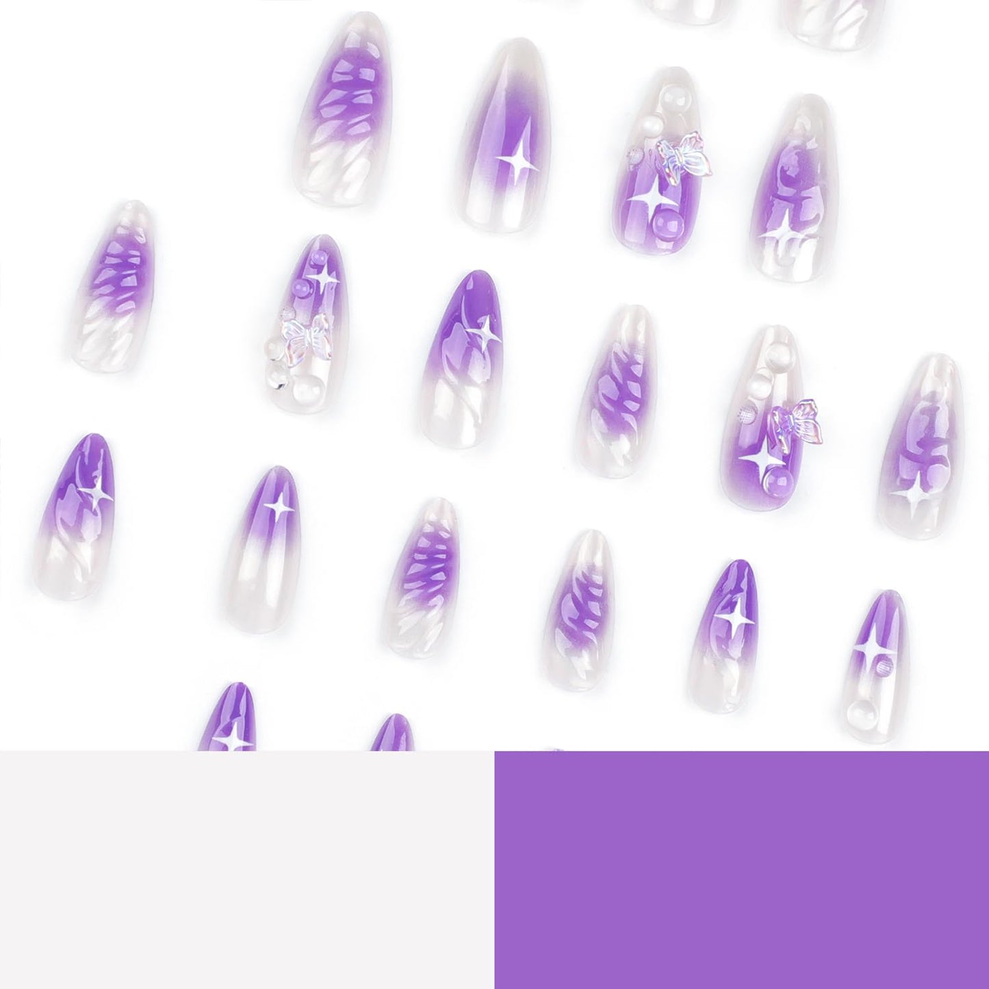 24 Pcs Almond Press on Nails Medium Fake Nails White Full Cover False Nails with Purple Butterfly Designs Glossy 3D Nail Charms French Tip Nails Stick on Nails for Women Girls