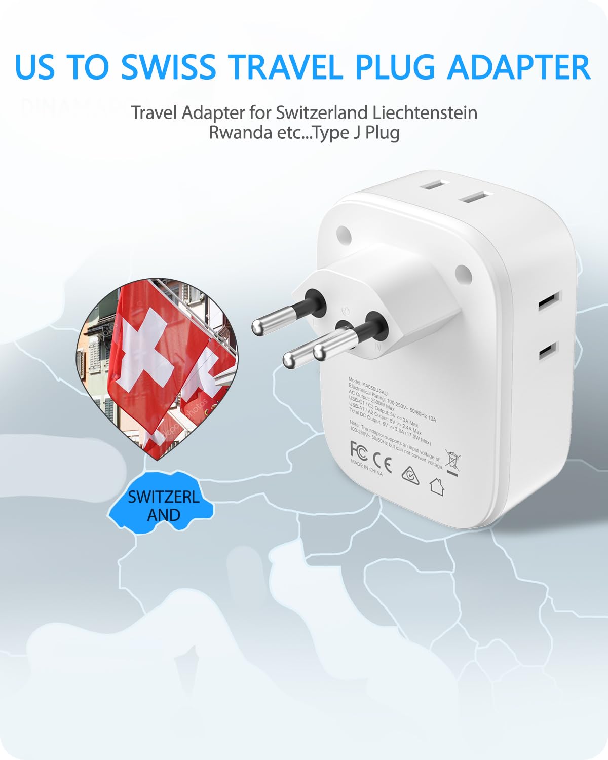 LENCENT Switzerland Travel Plug Adapter, Swiss Power Adaptor with 4 American Outlets, 4 USB Charger(2 USB C), Type J Plug Converter for US to Switzerland, Liechtenstein, Rwanda, Safe Grounded