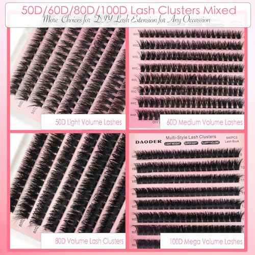 DAODER Thick Short DIY Lash Extension Kit 640pcs 50D 60D 80D 100D Mixed Volume 3D Cluster Eyelash Extensions Fluffy D Curl Individual Lashes Clusters with Lash Remover Bond Seal 9-13mm