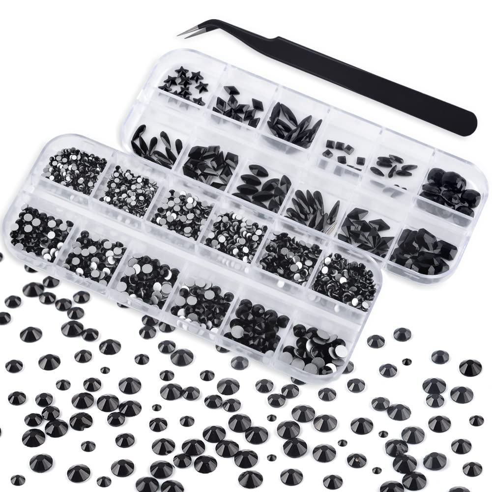 Katfan 1560PCS Flatback Crystal Black Rhinestones Round Gems Diamonds Stones Multi Shapes Rhinestone Jewels for Nail Art Crafts Decorations Clothes Shoes with Tweezers (Black)