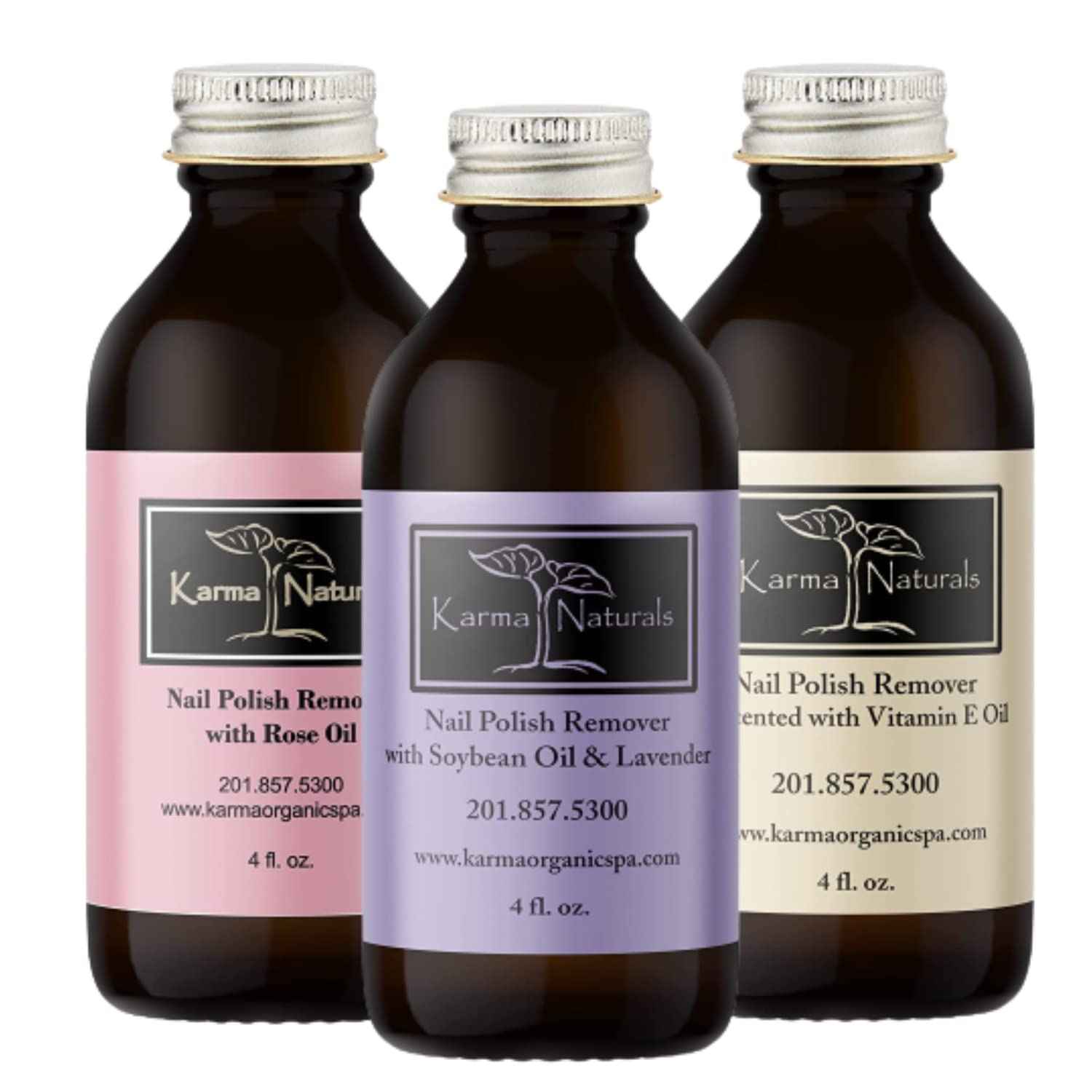 Karma Organic Nail Polish Remover Bundle - Includes Natural Lavender, Rose Oil, and Unscented Nail Polish Remover (4FL-Oz) (Multipack)