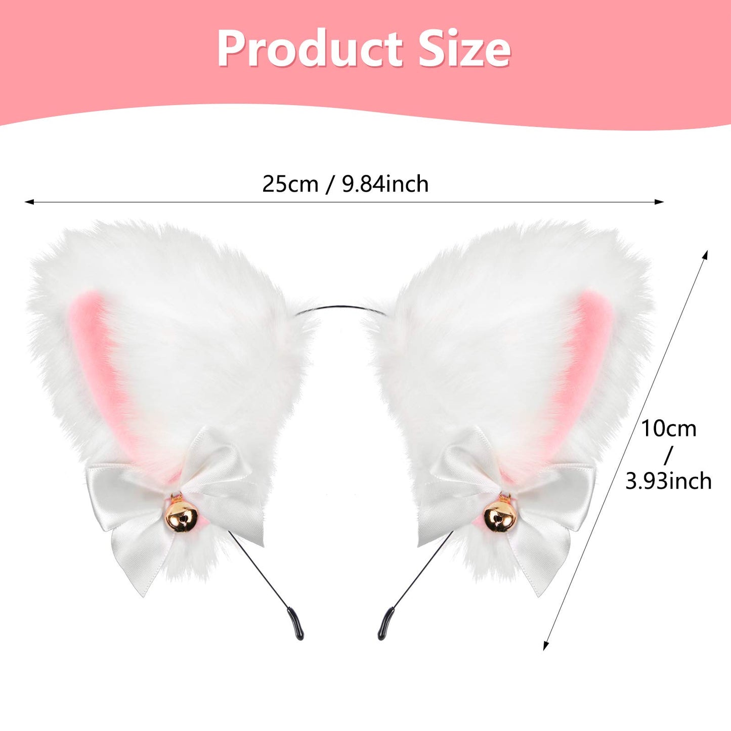 Faux Furry Anime Faux Fur Fox Ear Headband with Bells, Plush Neko Cosplay Accessory for Halloween Costume Party Fancy Dress (White-Pink)