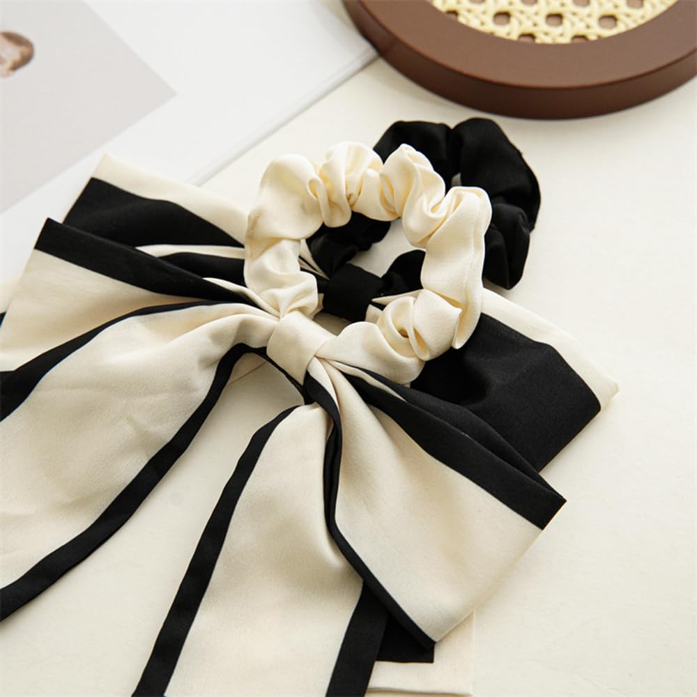 2Pcs Black Beige Chiffon Bow Hair Scrunchies and Short Ribbon Ponytail Holders for Women Girls (black/brown)