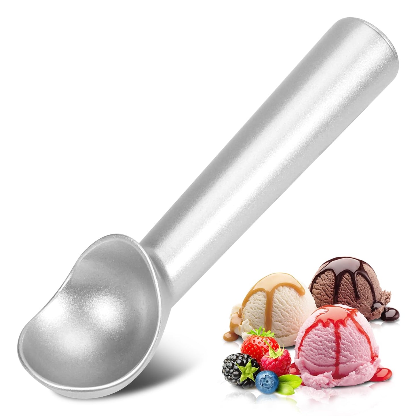 Ice Cream Scoop,7 inches Nonstick Anti-Freeze One Piece Aluminum Scooper Spoon, Heavy Duty Durable Design, Easy Clean, for Gelato, Cookie Dough, Sorbet, Almond (Silver)