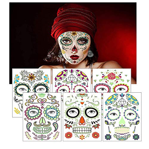 Glow in the Dark Temporary Face Tattoos, 6 Sheets Sugar Skull