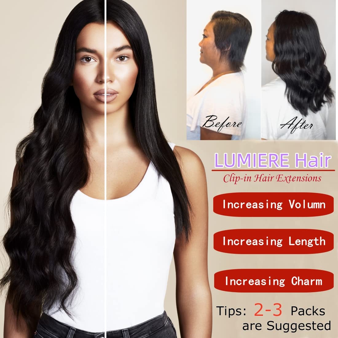 LUMIERE Hair Clip In Hair Extensions Real Human Hair - Guleless Body Wave Hair Extensions Clip Ins Wear And Go Grade 120g 10A Brazilian Remy Hair 8Pcs With 20Clips Double Wefts Thick and Soft 14 Inch