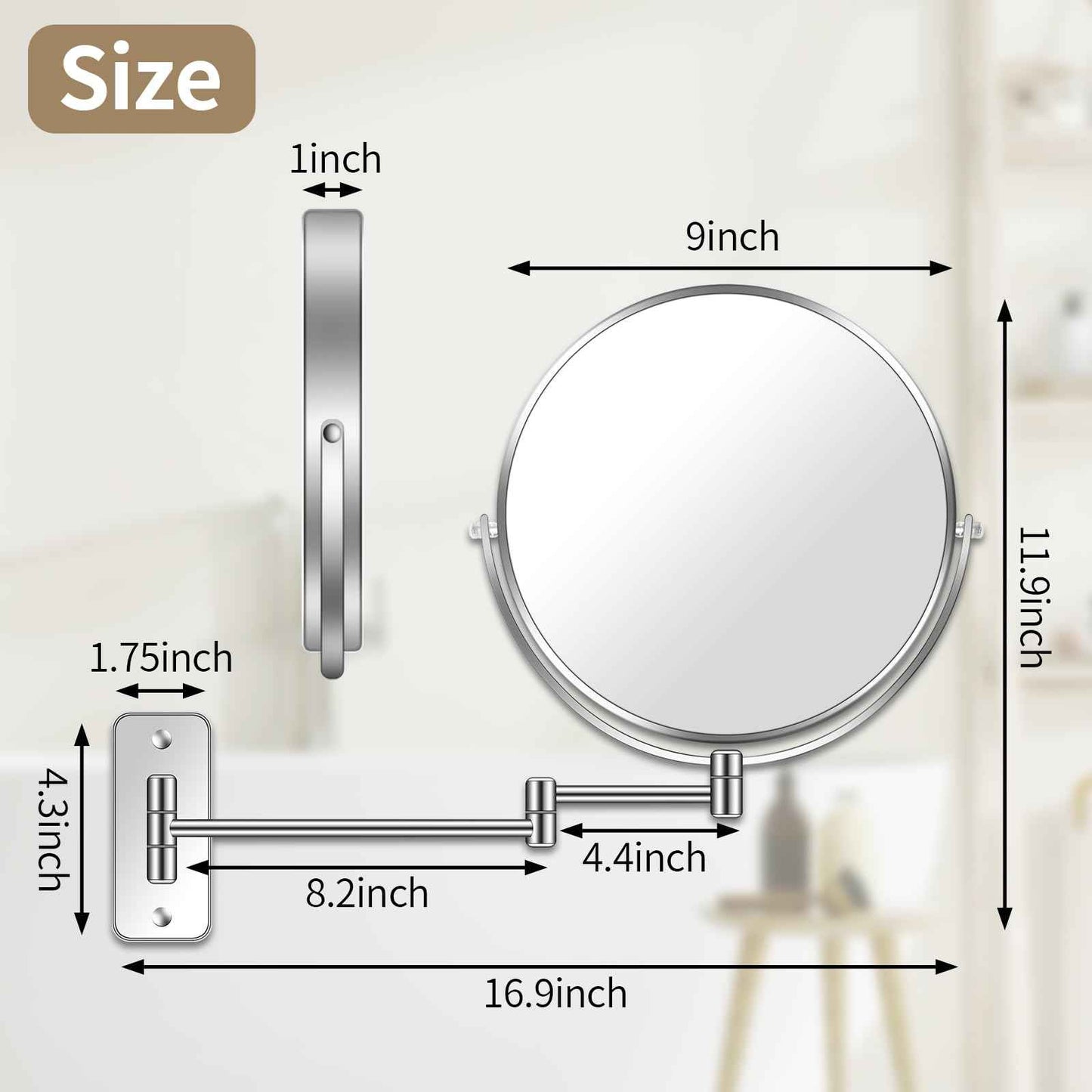 BTremary 9” Large Wall Mounted Makeup Mirror 1X/7X Double-Side Bathroom Magnifying Mirror 360 Swivel Vanity Mirror Extendable Shaving Wall Mount Cosmetic Mirror for Men and Women, Chrome
