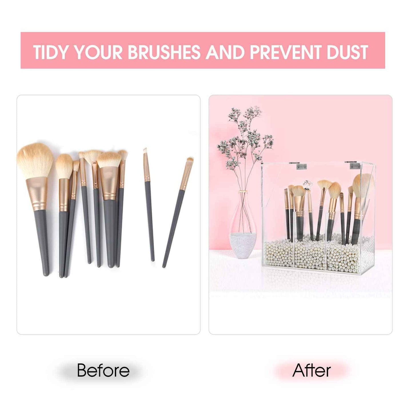 Vevitts Acrylic Makeup Brush Holder, Clear Cosmetic Storage Box with 3 Brush Holders, Dust Cover, Large-Capacity Split Design for Organizing Vanity Desk