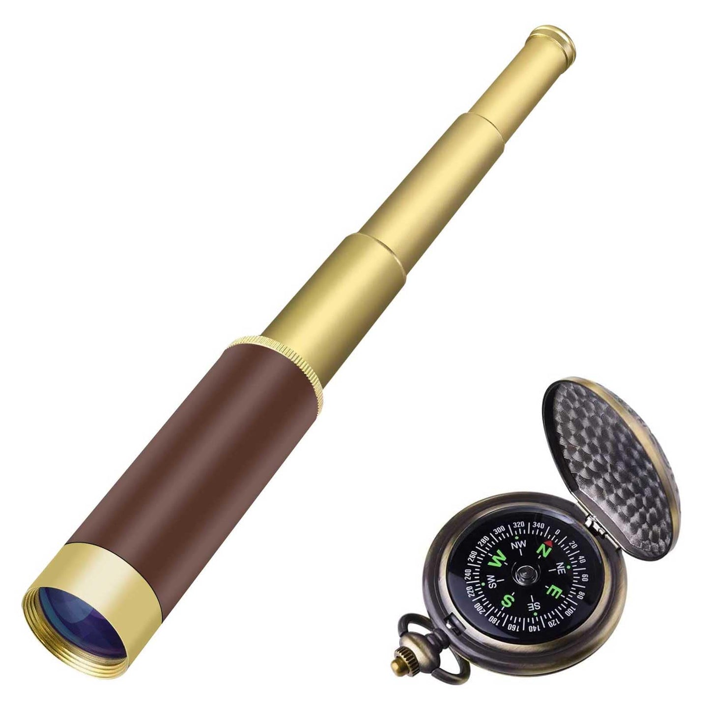 Retro Pirate Telescope Spyglass for Kids Adults Portable Collapsible Handheld Telescope Monocular Zoomable 25x30 & Survival Gear Compass Pocket Military Compass for Outdoor Camping Hiking Boating