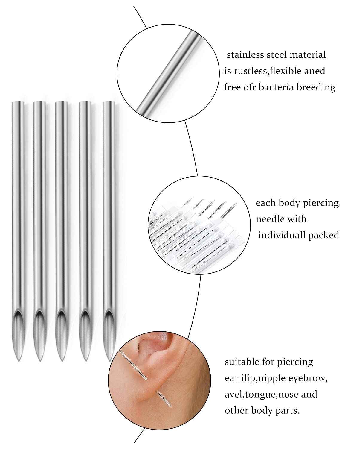 Vsnnsns 10G Piercing Needles 316L Surgical Steel Piercing Needles for Nose Septum Lip Tongue Belly Eyebrow Rings Cartilage Tragus Helix Rook Conch Daith Earrigns Piercing Needles 10 Gauge