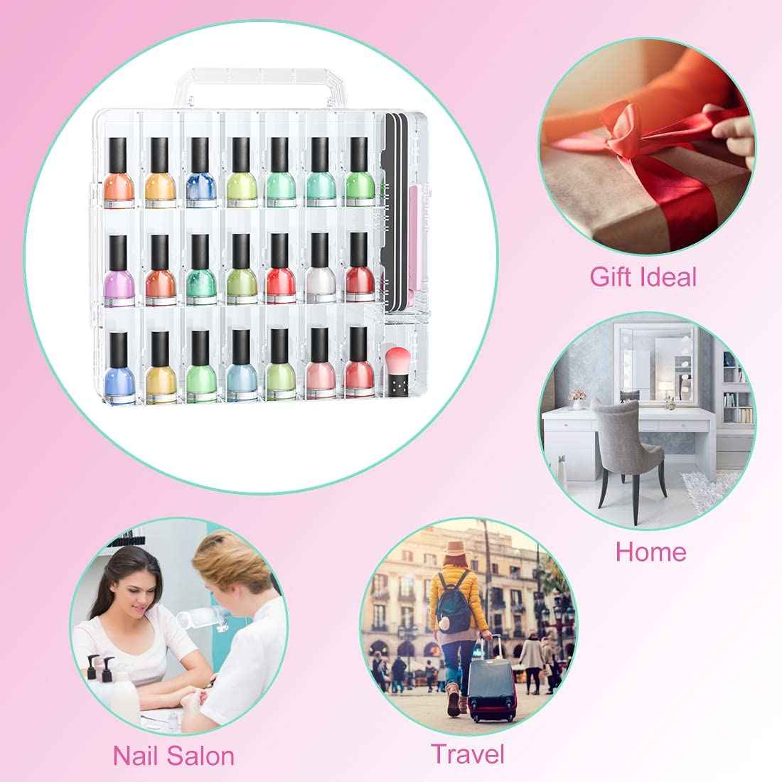 JIASHENG Two Nail Polish Organizer Case Holders, 48 Bottles Universal Nail Storage Box for Double Side Adjustable Space Divider for Acrylic Nail Gel Dip Powder Tips Set with Two Toe Separator