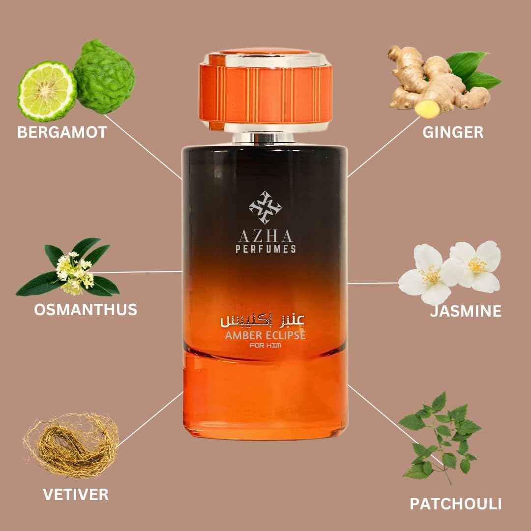 Azha Amber Eclipse For Him Eau De Parfum Spray 100ML(3.4 OZ) Long Lasting Arabian Perfume For Men - Radiant Clash of Citrus, Spice, Floral Oud & Smoky Depth Perfume Men for Timeless Scent Experience