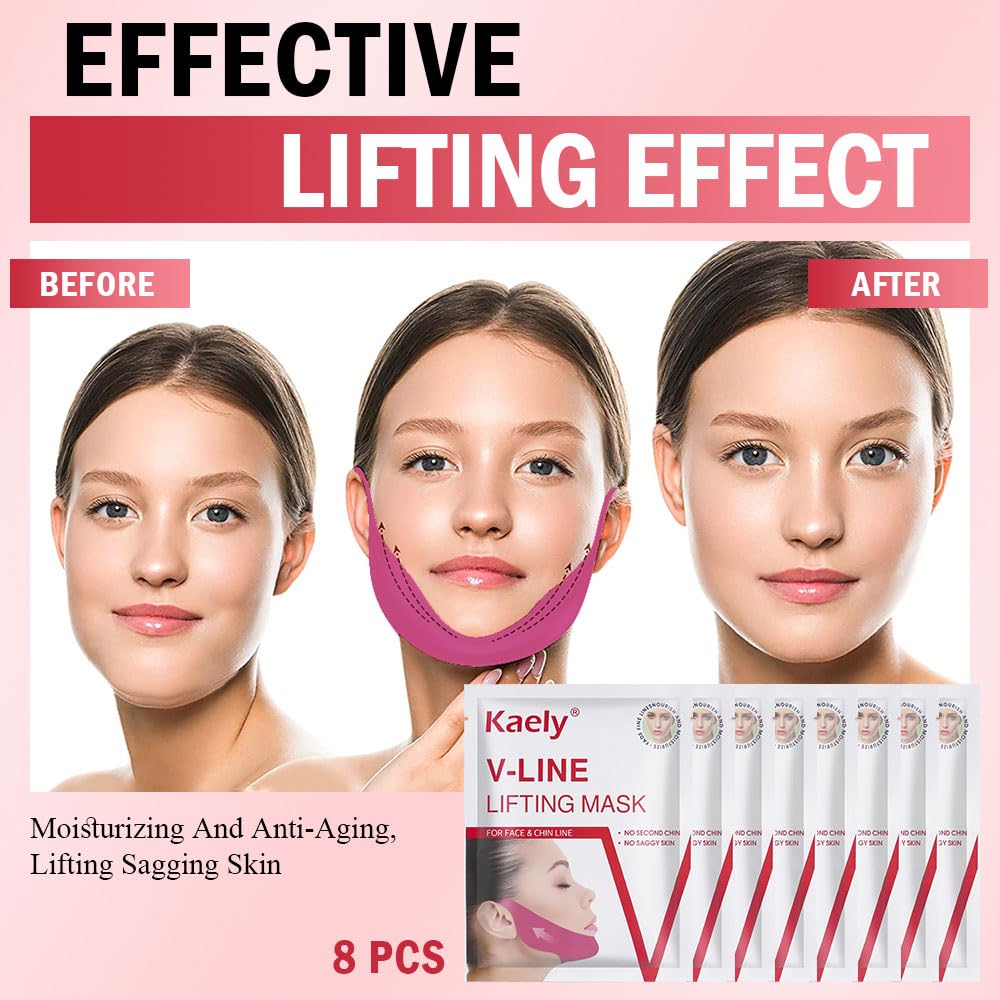 evpct 8Pcs V Line Lifting Mask Strap, Face Lift Mask with Collagen, Hydrating Anti-aging, Rose Red & Universal Size