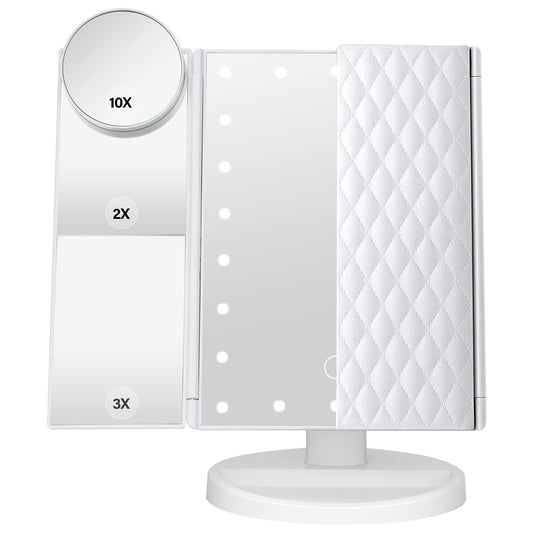 DenCert Makeup Mirror Vanity Mirror with Lights 1X 2X 3X 10X Magnification, Lighted Makeup Mirror, Touch Control, Tri-Fold Portable LED Makeup Vanity, Two Power Supply Modes, White