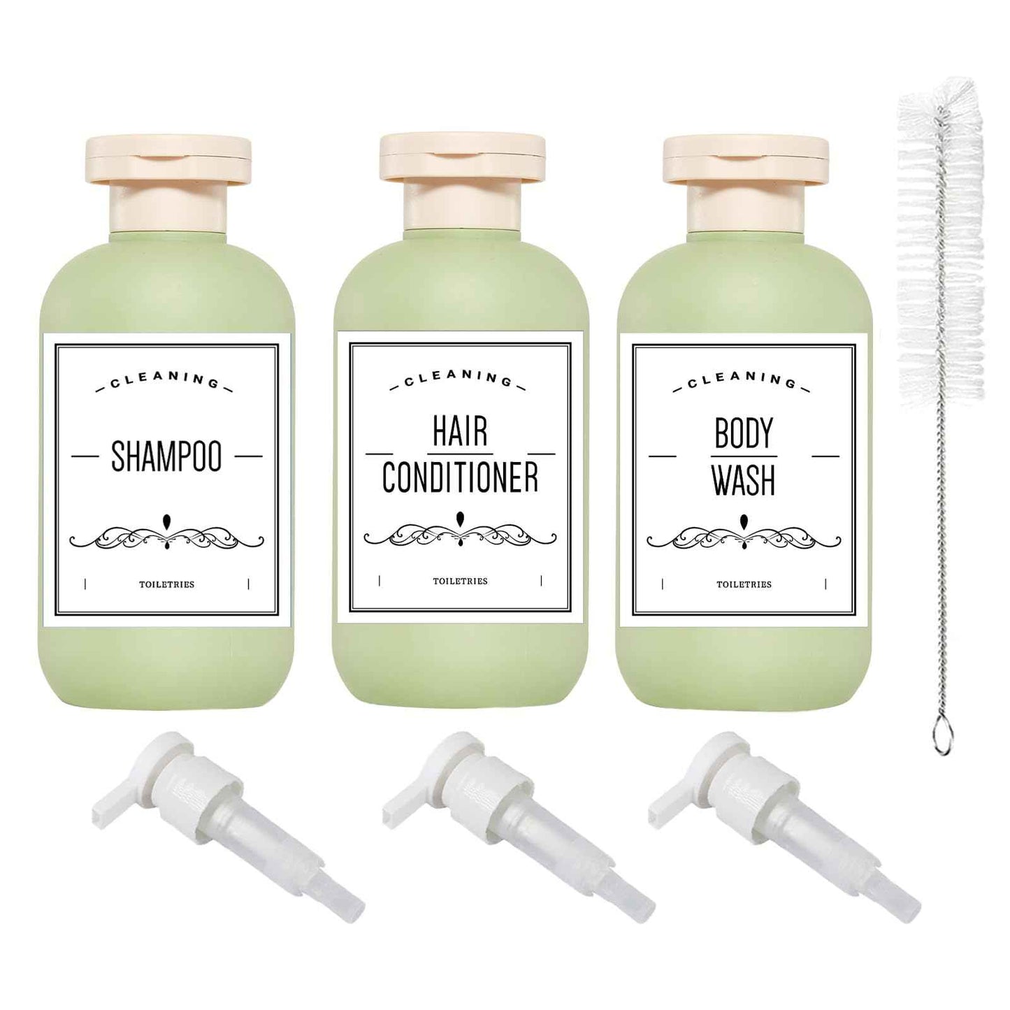 Qeuly Squeeze Bottles with Pump Dispenser and Flip Cap, 6.8 oz Refillable Travel Containers for Toiletries, Plastic Travel Shampoo and Conditioner Bottles (Green 200)