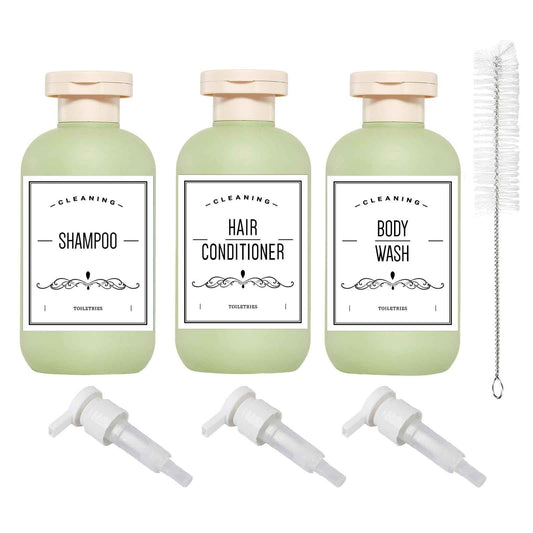 Qeuly Squeeze Bottles with Pump Dispenser and Flip Cap, 6.8 oz Refillable Travel Containers for Toiletries, Plastic Travel Shampoo and Conditioner Bottles (Green 200)