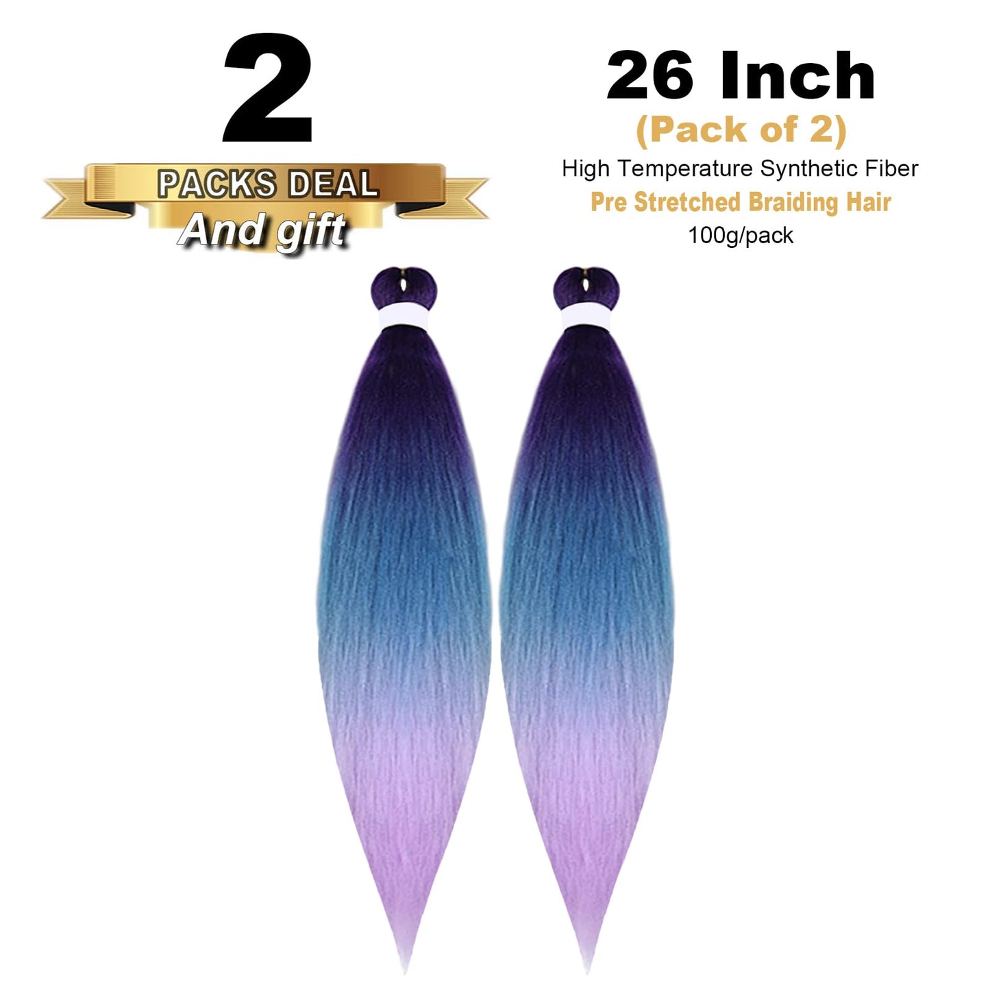 TENGSHUO FLY Pre-Stretched Braiding Hair 26 Inch 2 Packs Hot Water Setting Synthetic Hair Crochet Braiding Hair Extension(26 Inch (Pack of 2),Purple to Lake Blue to Light Purple)