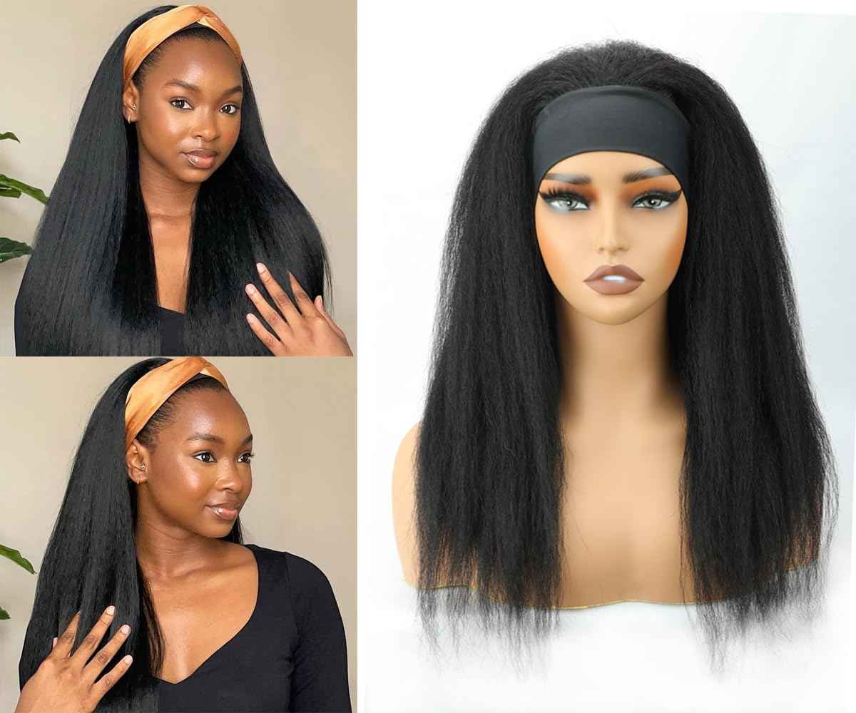 Kinky Straight Headband Wig 16 Inch Human Hair Headband Wigs for Black Women Glueless Yaki Straight Human Hair Headband Wigs Natural Black color
