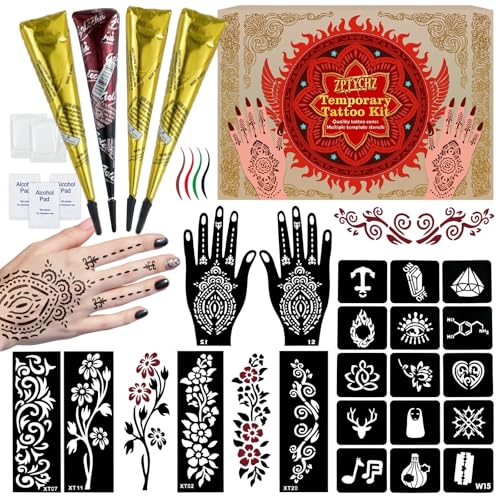 Temporary Tattoo Kit - 4 Pc with Stencils & 3 Ink Colors