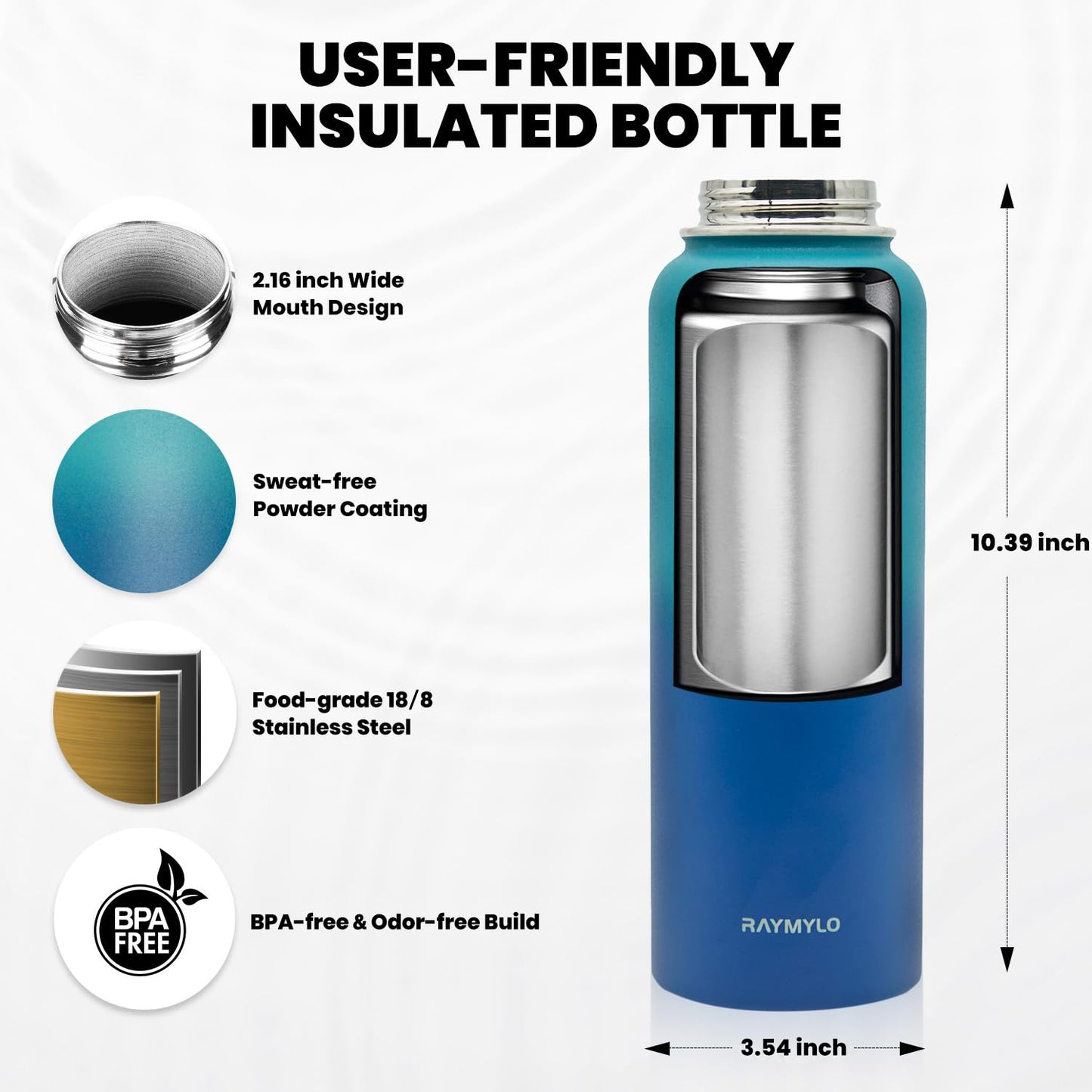 RAYMYLO Insulated Water Bottle 40 oz, Triple Wall Vacuum Stainless Steel (Cold for 48 Hrs), Leak Proof & Non-BPA, Modern Water Flask Jug with Paracord Handle & Straw Spout Lids, Cyan Blue