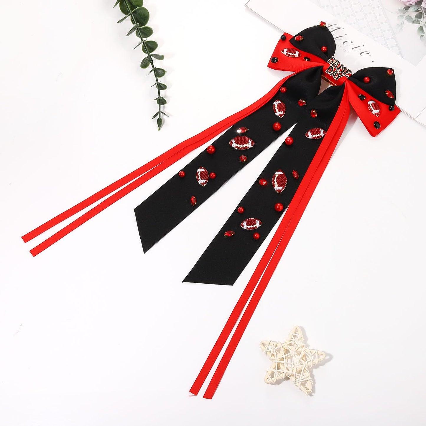 Football Hair Bows for Women Football Accessories Outfits Crystal Embellished Big Hair Bows Satin Hair Ribbons Red Black Football Cheer Bows Spirit Field Day Accessories Party Favors (Pattern A1)