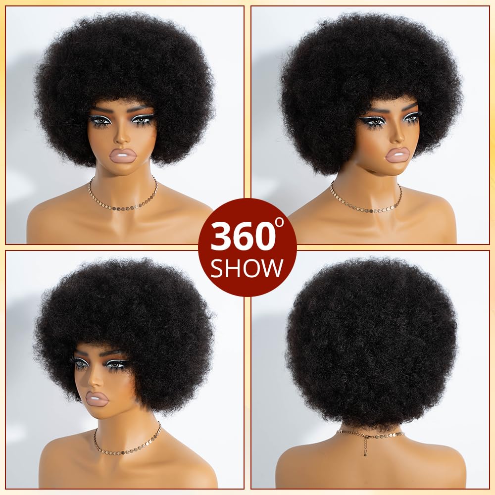 Rebecca Q Afro Human Hair Wigs 70s Short Afro Wig for Black Women Short Kinky Curly Glueless wig with Bangs for Daily Cosplay Party (Black)