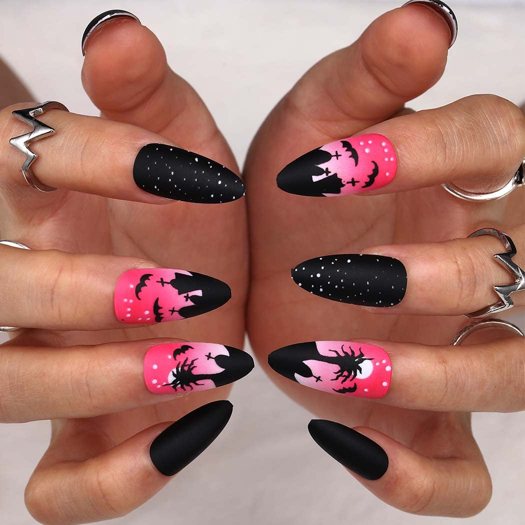 Outyua Stiletto Halloween Long Press on Nails with Design Horror Acrylic Fake Nails Ballerina False Nails Designer Full Cover Nails 24Pcs for Women and Girls (Pink Tree)