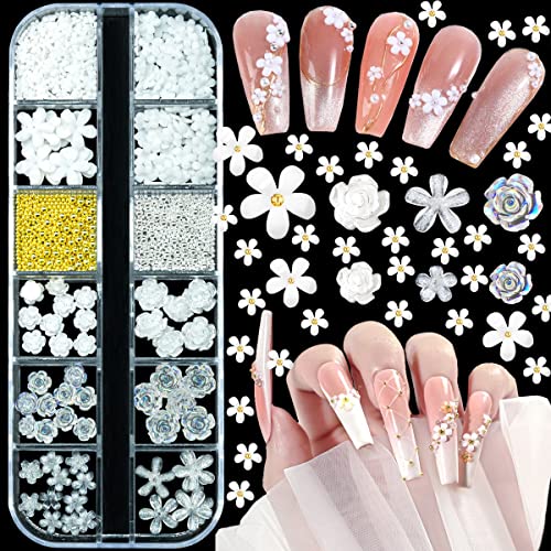 3D Flowers for Nails, 850pcs Nail Art Kit, Multi Design White/ Aurora Rose Nail Flower Charms, Crystal Nail Glitter Decals, Resin Flower Nail Decoration, 2 Sizes Golden Silver Beads for DIY Manicures