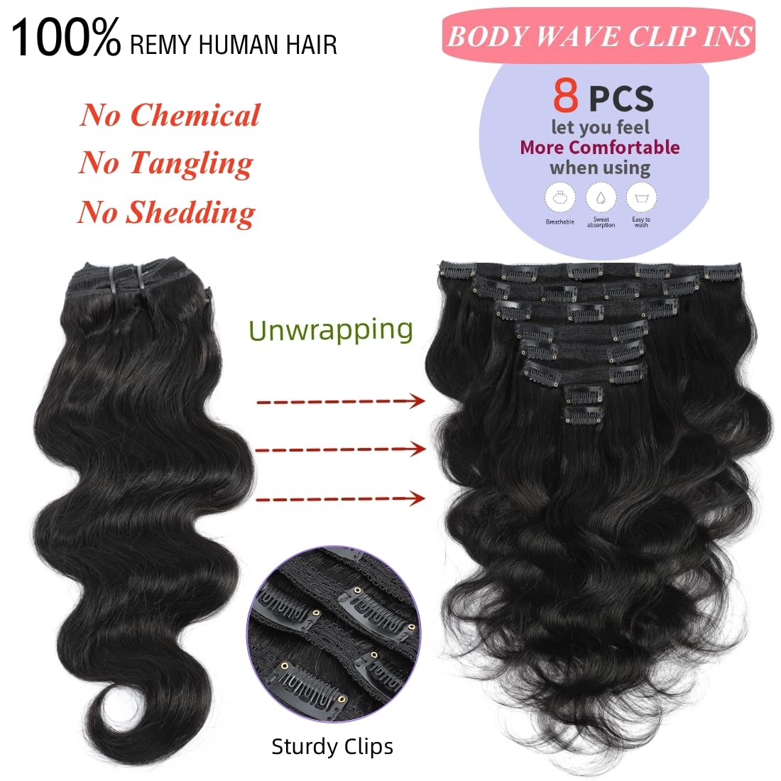 LUMIERE Hair Clip In Hair Extensions Real Human Hair - Guleless Body Wave Hair Extensions Clip Ins Wear And Go Grade 120g 10A Brazilian Remy Hair 8Pcs With 20Clips Double Wefts Thick and Soft 14 Inch