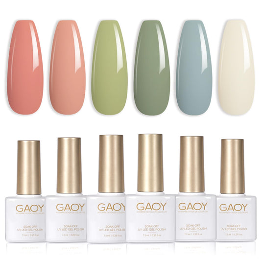 GAOY Nude Coral Green Gel Nail Polish Set, 6 Colors Milky White Blue Olive Soak Off Gel Polish Kit for Salon and Nail Art DIY at Home