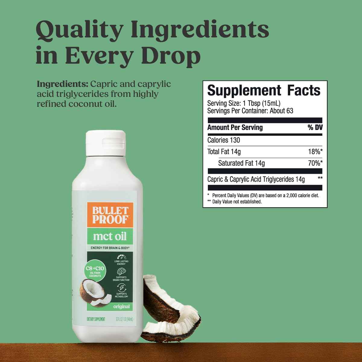 Bulletproof MCT Oil Made with C10 and C8 Oil, 32 Ounces, Keto Supplement for Sustained Energy, Brain and Body Fuel, Add to Coffee and Smoothies