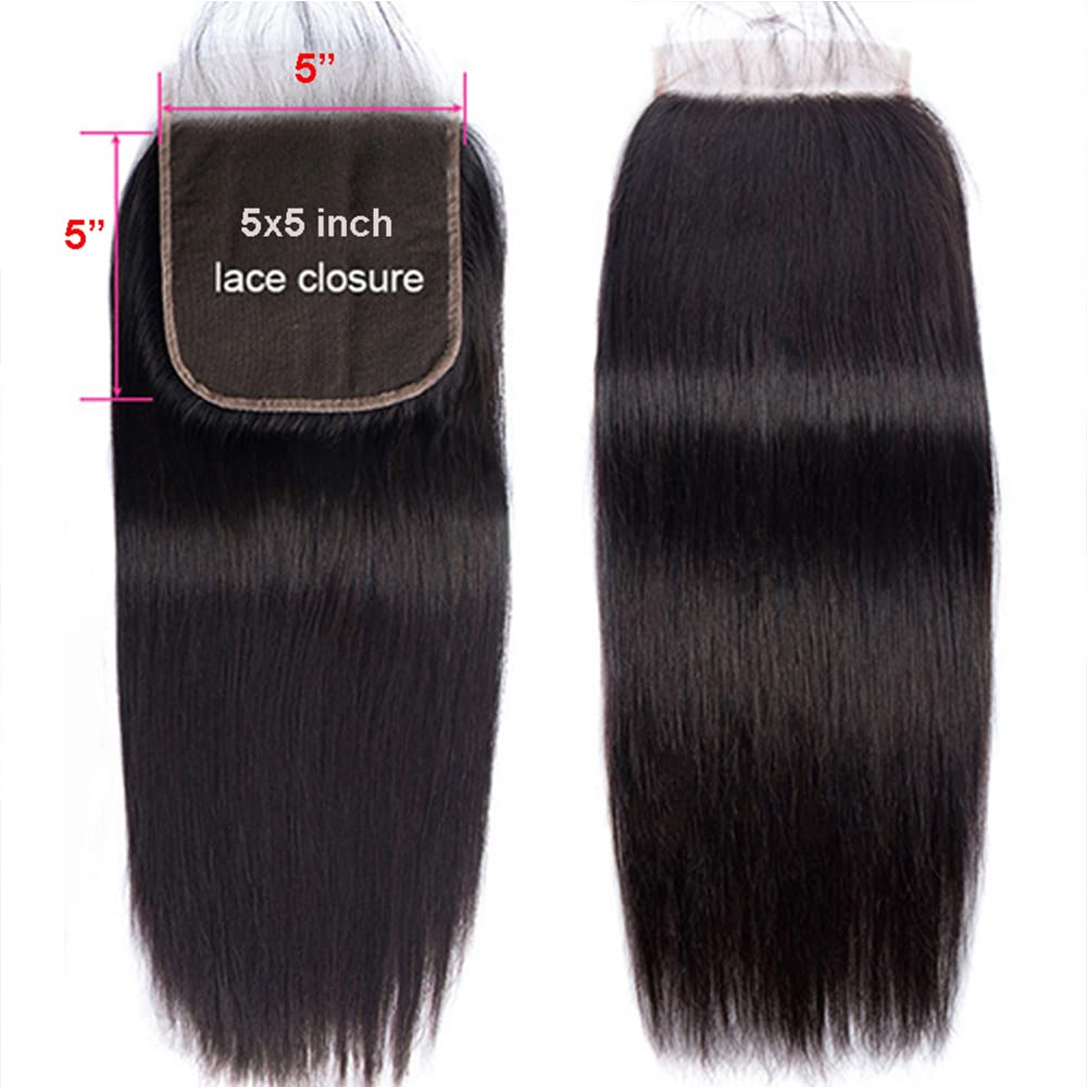 5X5 Closure Brazilian Straight Lace Closure Only Human Hair Free Part With Baby Hair Preplucked Bleached Knots Real Virgin Human Hair Swiss Lace Front For Women 5 By 5 Closure Natural Black 10 Inch