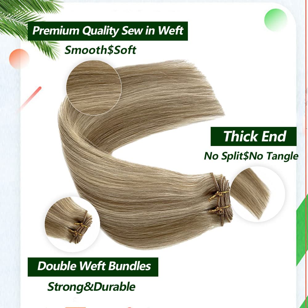 Weft Hair Extensions Human Hair Beige Blonde Mix Platinum Blonde Highlights Sew in Hair Extensions Real Human Hair Hand Tied Weft Hair Extensions 12inch 80g