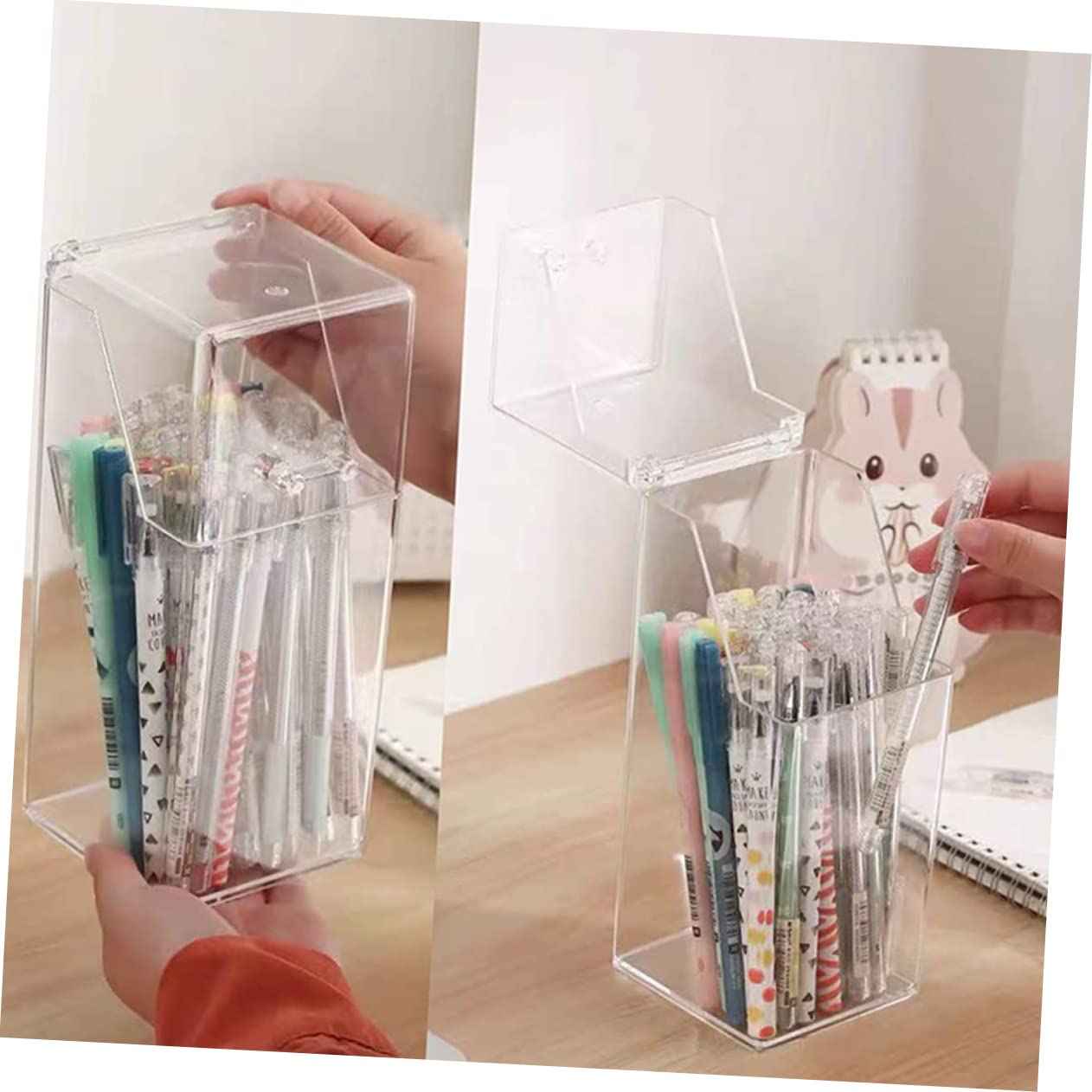 2Pcs Acrylic Makeup Brush Holder with Lid, Clear Makeup Holder, Cosmetic Organizer Cosmetic Storage Display Box for Dressing Tables and Vanity, 3.34 x 3.34 x 8.25inch