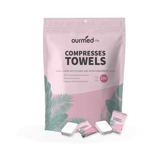 Ourmed Life Compressed Towels - Ultra Thick Compressed Towel Tablets, 11" x 10" Disposable Portable Face Towels for Travel, Camping, Hiking, Sports, Beauty Salons, Home Hand Wipes - 100 Count