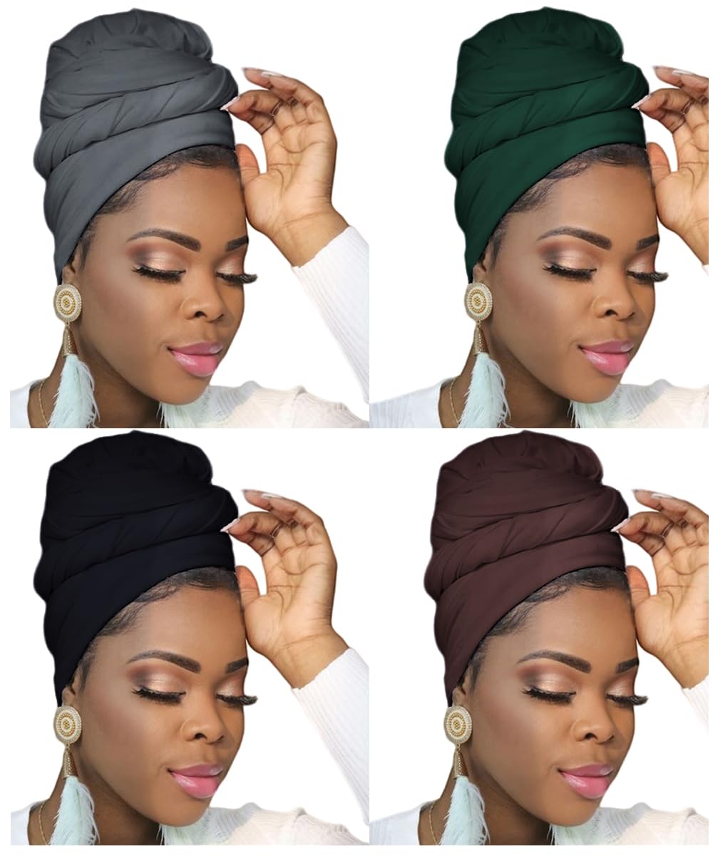 Ftoronaly Turban Head Wraps for Black Women Hair Wraps Stretch Soft Jersey Hijab Scarf Headwraps Headband (Black,Dark Gray,Brown,Dark Green)