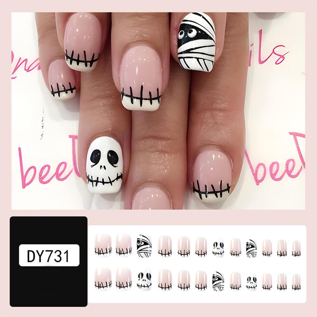 NEWSPIED Halloween Press on Nails Short Square Fake Nails White French Tip Acrylic Nails with Mummy Skull Design Cute Glue on Nails Halloween Nails Press on Full Cover False Nails for Women 24Pcs