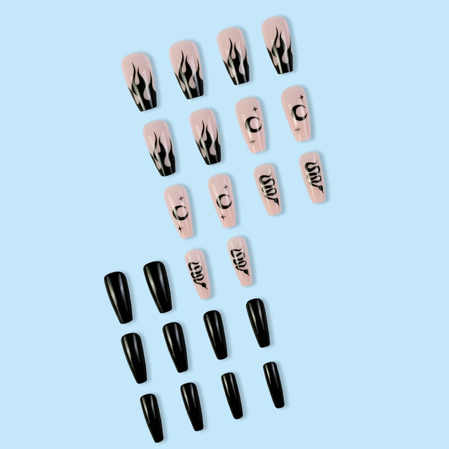 FOAMEE Medium Press on Nails Coffin Gothic Fake Nails with Designs Acrylic Glossy Black False Nails for Women