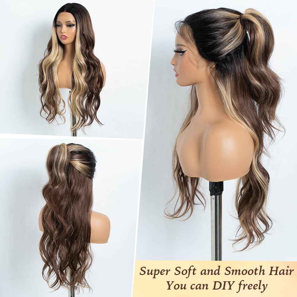 Rebecca Q Long Wavy Synthetic Lace Front Wig for Women 30 inches Middle Part Natural Hairline Heat Resistant Fiber Wigs for Daily Party (Blown Blonde)