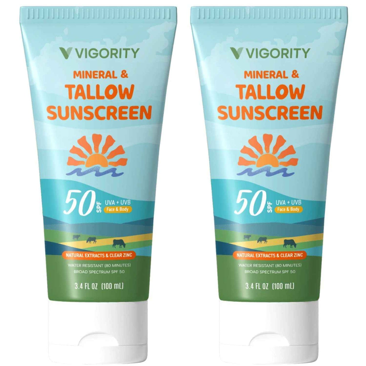 Beef Tallow Sunscreen with Zinc Oxide: Natural Non-Toxic SPF 50 Tallow Sunblock Cream for Face & Body - with 10 Food-Grade Botanical Extracts (SPF 50 (Pack of 2))