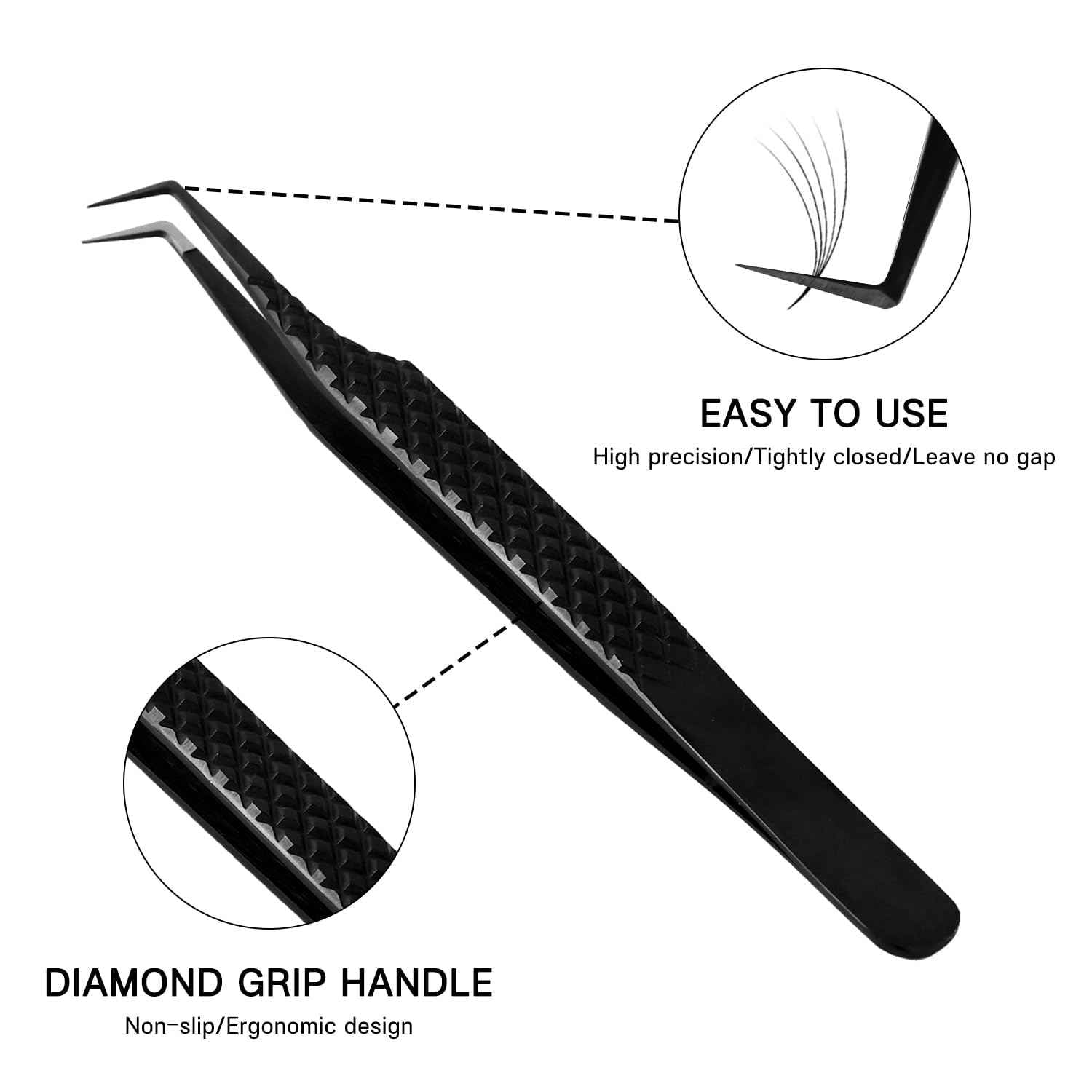 VAVALASH Lash Tweezers for Eyelash Extensions, Fiber Tip Diamond Grip 90 Degree Tweezers for Lash Extension,Professional Precision Black Lash Tweezers for Volume & Classic Lashes (90 Degree Tweezers)