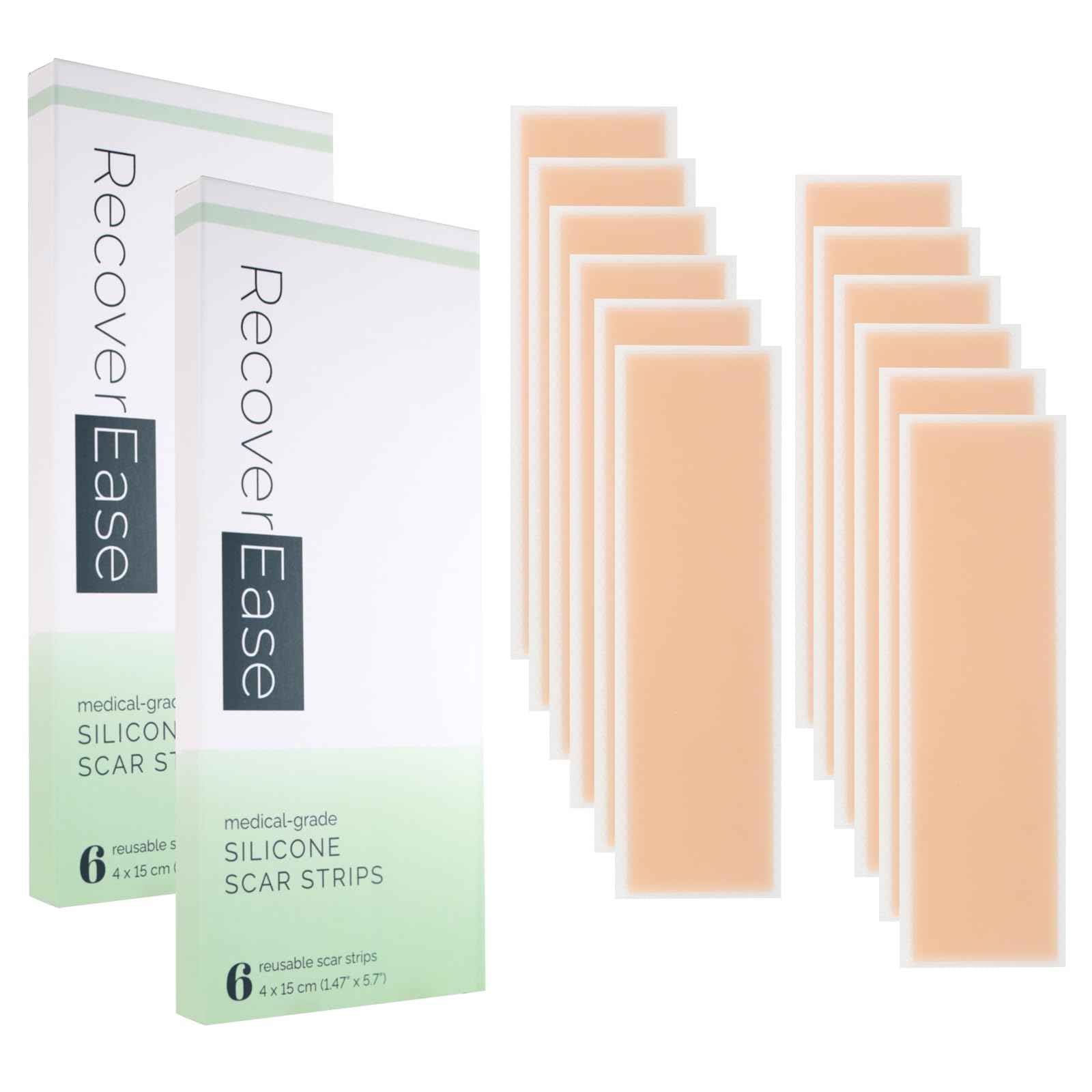 RecoverEase Silicone Scar Strips – Reusable Medical Grade Silicone & Individually Wrapped Scar Sheets for Mastectomy & C-Section, Scar Treatment Tape for Tummy Tuck, Keloid, Surgical, Burns - 12 Pack