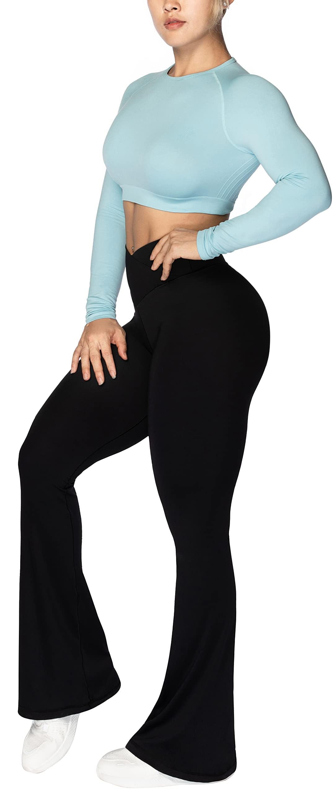 Sunzel Flare Leggings, Crossover Yoga Pants for Women with Tummy Control, High-Waisted and Wide Leg 34" Black X-Small