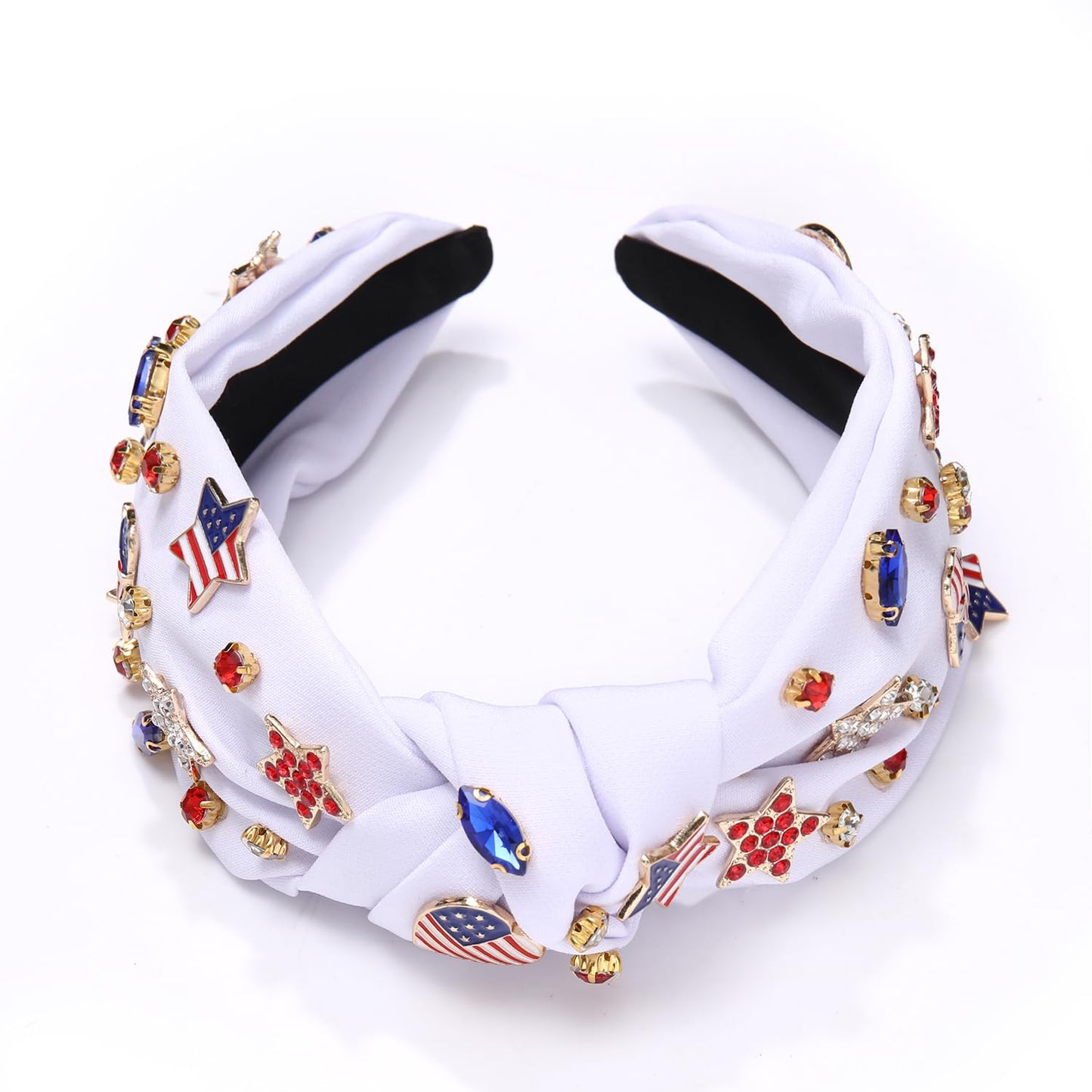 4 th of July Headband for Women American Flag Knottted Headband Star USA Charm Fourth of July Patriotic Headband Headpiece Red White and Blue Crystal Top Knot Wide Hairband Hair Accessories Gift (white patriotic headband)